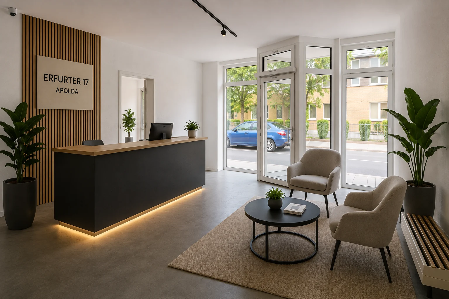KI-Visualisierung eines modernen Empfangs- und Kundenbereichs in der Gewerbefläche Erfurter Straße 17